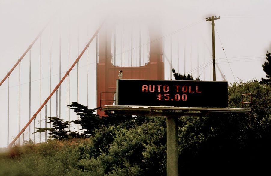 The San Francisco Golden Gate Bridge in California, showing a toll sign