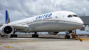 A United Airlines Boeing 787 aircraft parked