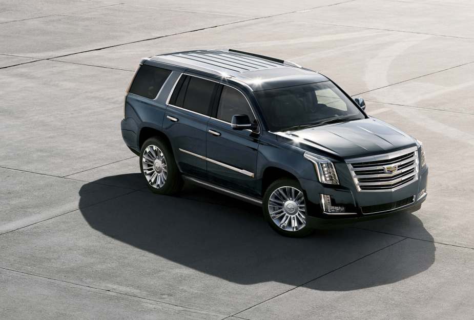 A 2020 Cadillac Escalade parked in right angle aerial view
