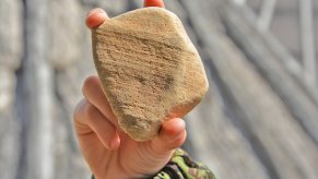 The hand of a kid holding a rock.