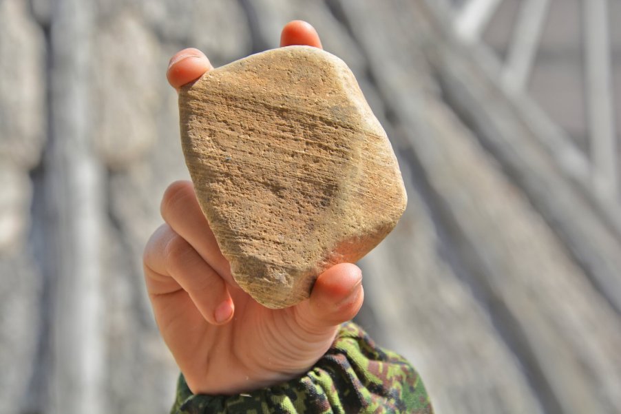 The hand of a kid holding a rock.