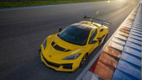 A bright-yellow 2025 Chevrolet Corvette ZR1 on the track.