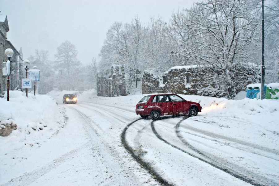 A car sliding on black ice during a snow storm