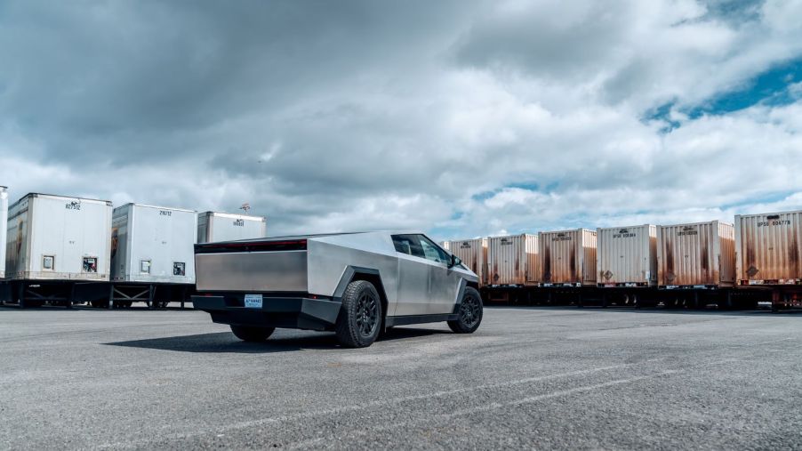 A Tesla Cybertruck parked in front of