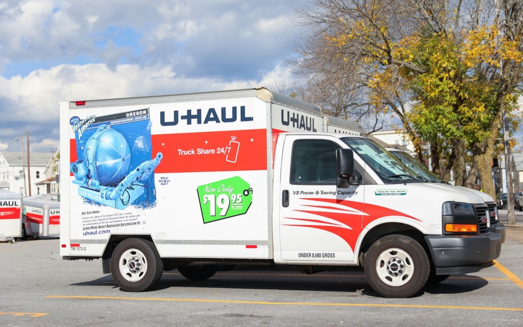 A U-Haul truck in the city