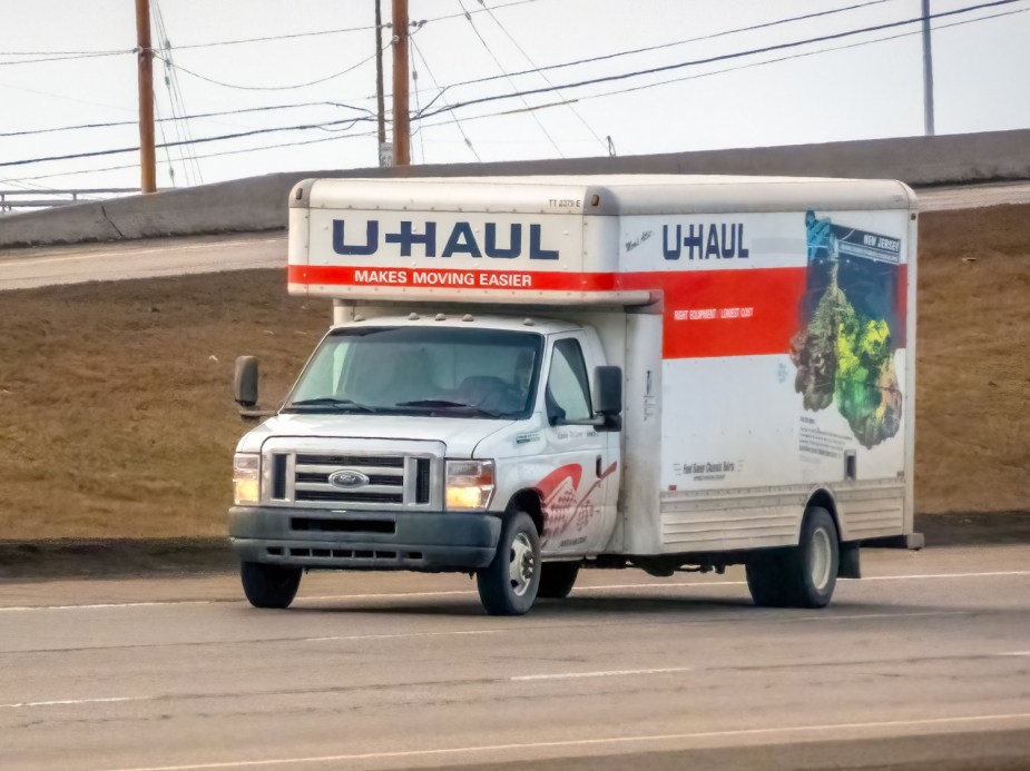 A U-Haul truck on the road