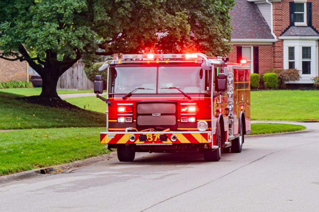 A fire truck with its lights on