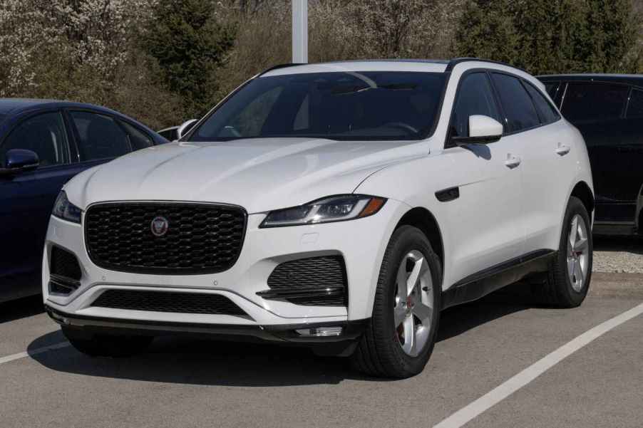 A white Jaguar F-Pace SUV parked backed into a parking spot