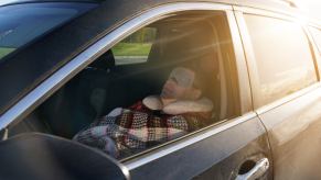 A man sleeping in an SUV with an eye mask and blanket
