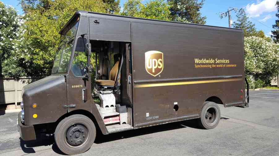 UPS delivery truck parked in left side angle view
