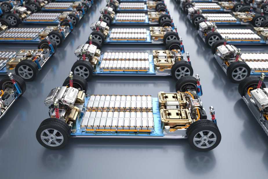 EV battery factory showing rows of EV platforms