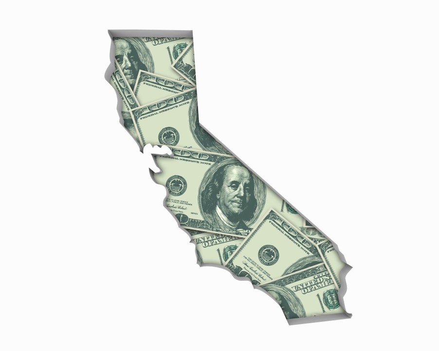 The shape of the state of california out of $100 bills to represent the high gas tax.