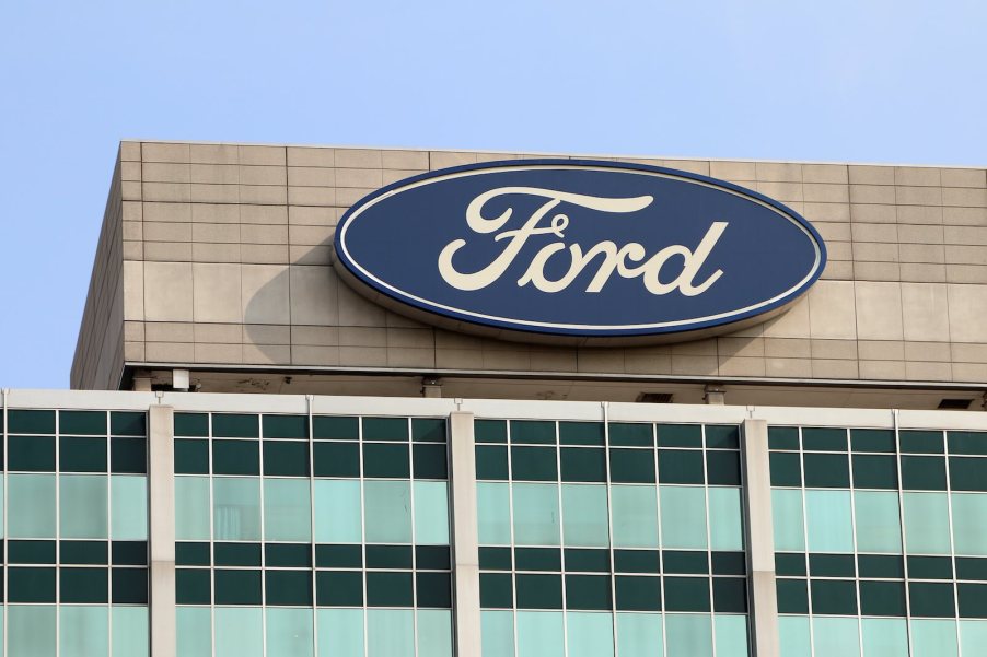 Ford headquarters logo on an office building.