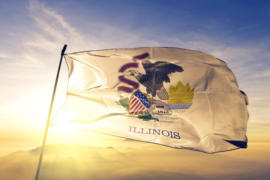 White Illinois state flag with the sun setting behind it.