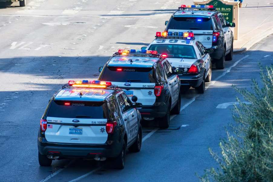 Row of Las Vegas police cars lined up in a blockade to stop a carjacking and murder suspect.