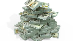 Stack of $100 bills on a white background.