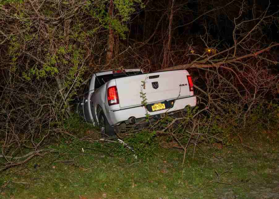 White Ram pickup truck crashed on the highway after chase with ASP