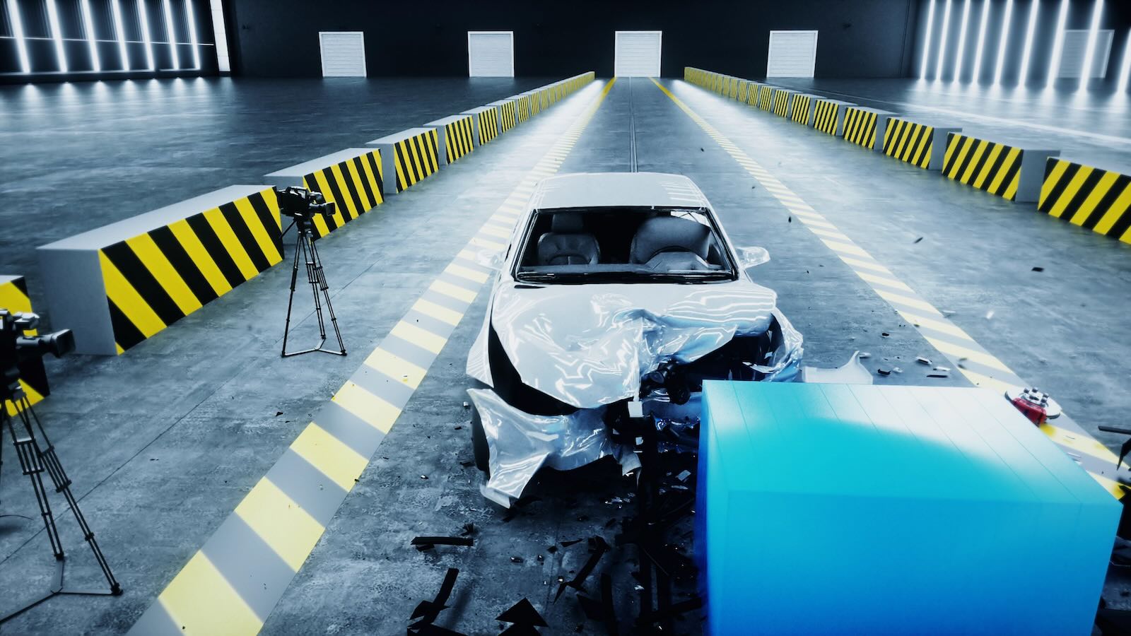 Silver sedan smashing against a concrete block in front overlap crash test for IIHS mid-size luxury top safety pick rating.