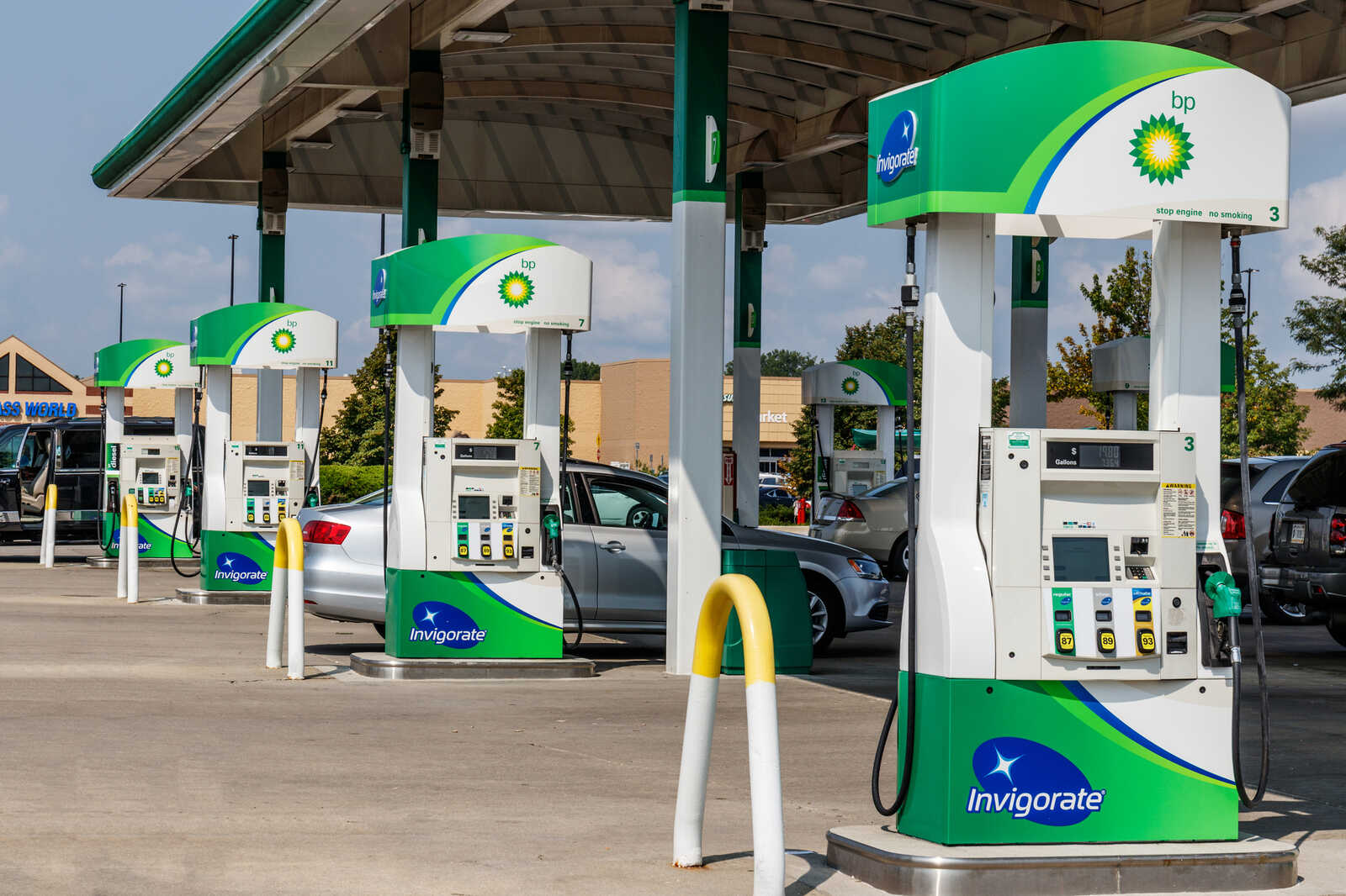 BP gas station pumps during the day