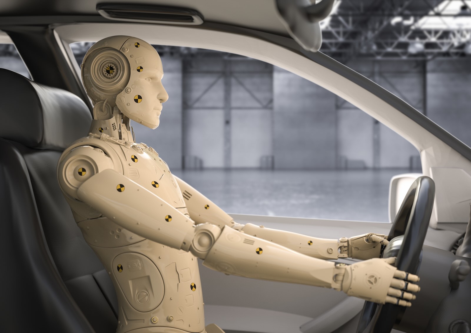 Dummy in a car cabin during a crash test.