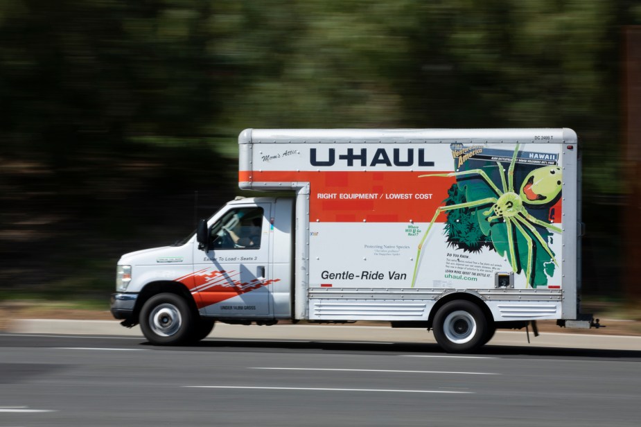 A U-Haul truck on the road