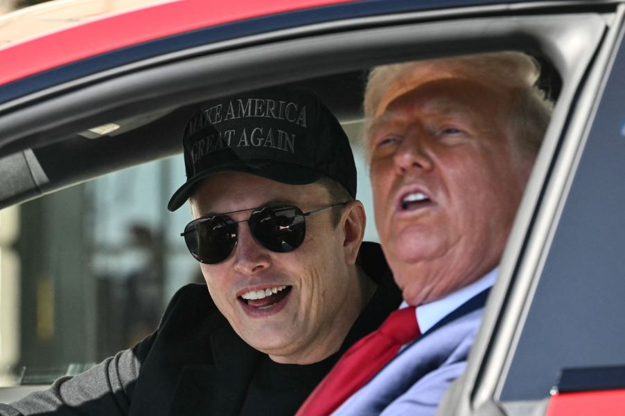 Tesla CEO Elon Musk and President Donald Trump sitting in a Tesla Model S together outside the White House