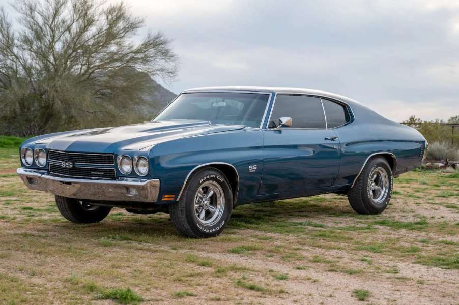 A blue 1970 Chevrolet Chevelle SS parked in left front angle view