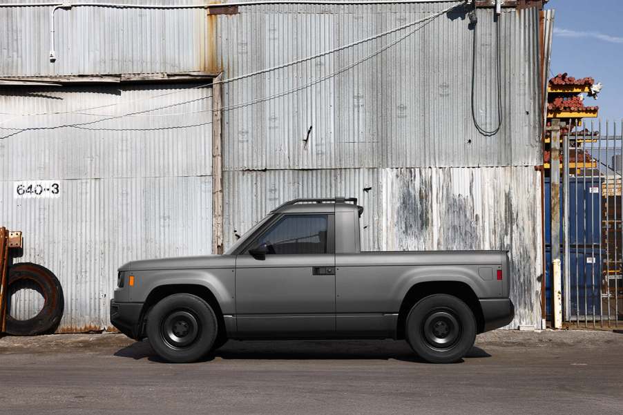 The Blank Slate EV pickup truck prototype parked in left profile view
