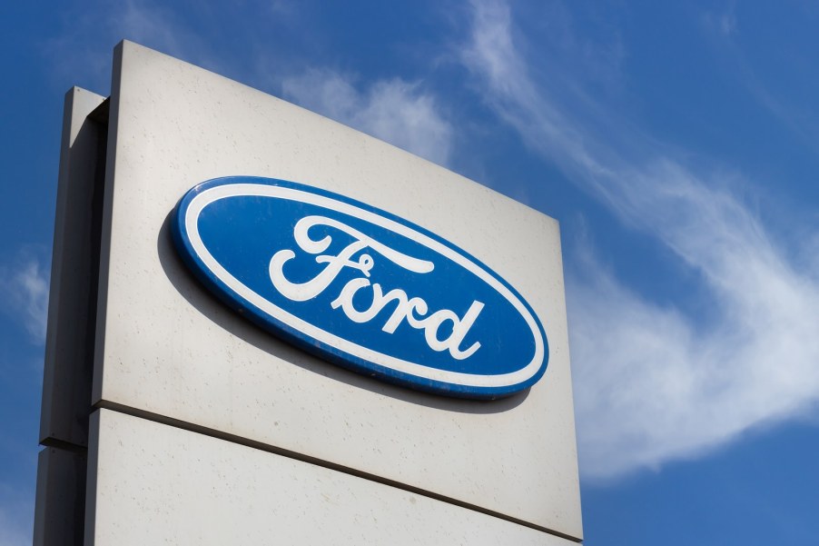 The Ford logo at a dealership doing recall work to trucks and Lincoln SUVs.
