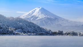 Mount Fuji in Japan covered in snow, an icy lake in the foreground.