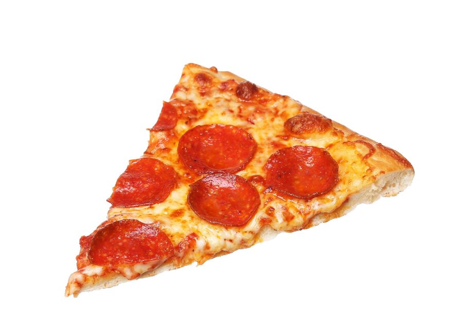 Slice of pepperoni pizza on a white background, a food that can cause DUI false positives on BAC breathalyzer tests
