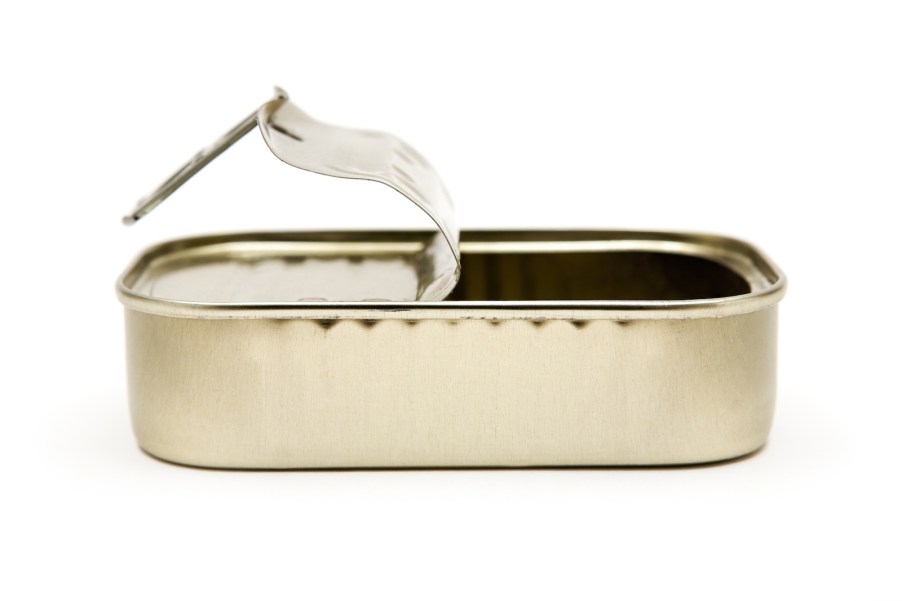 Empty sardine can on a white background.