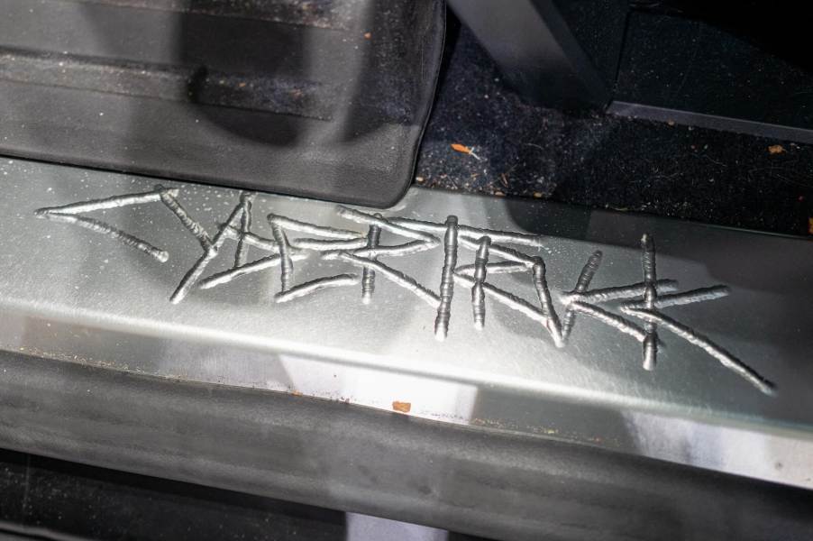 The door sill logo in a Tesla Cybertruck EV