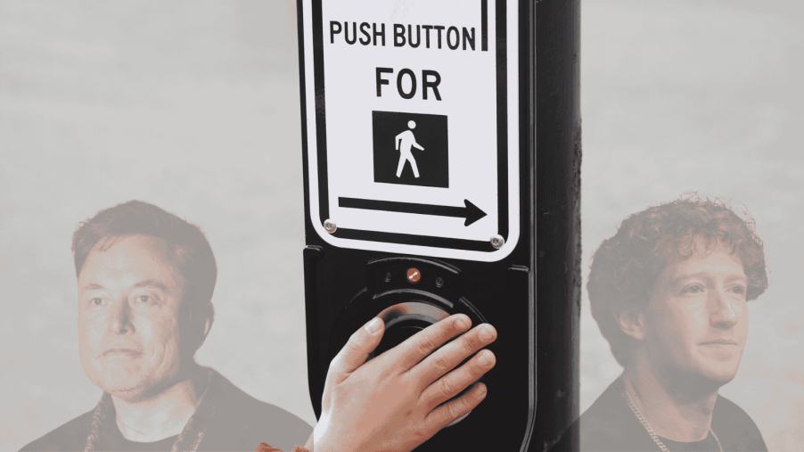 Elon Musk's picture alongside Mark Zuckerberg's picture on a crosswalk signal