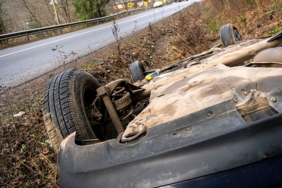A car crashed in a ditch