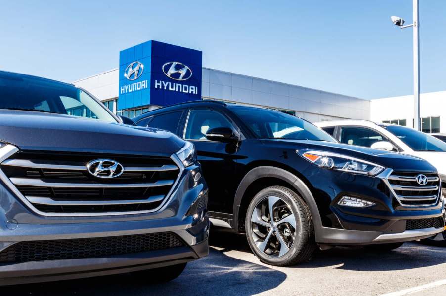 Hyundai dealership exterior with cars parked in close view