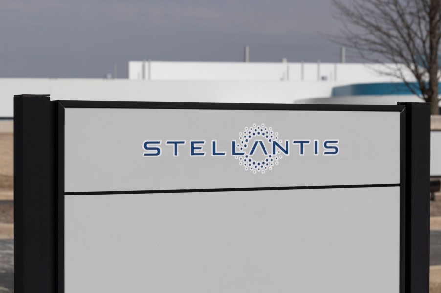 A Stellantis sign by a plant