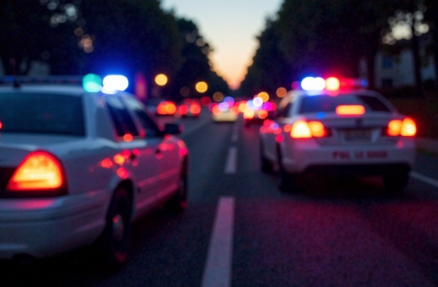 Police cars with their lights on, on the road