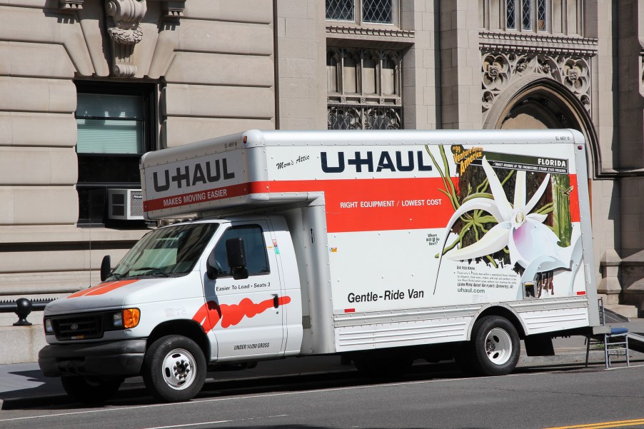 A U-Haul truck in the city