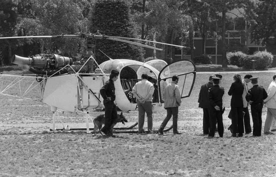 Nadine Vaujour's rented helicopter parked on an athetic field in Paris after her husband's escape from prison in 1986