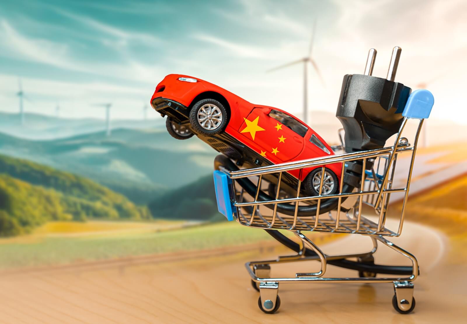 A cartoonish depiction of Chinese EVs, one of the things Toyota is concerned about along with hydrogen-powered cars.