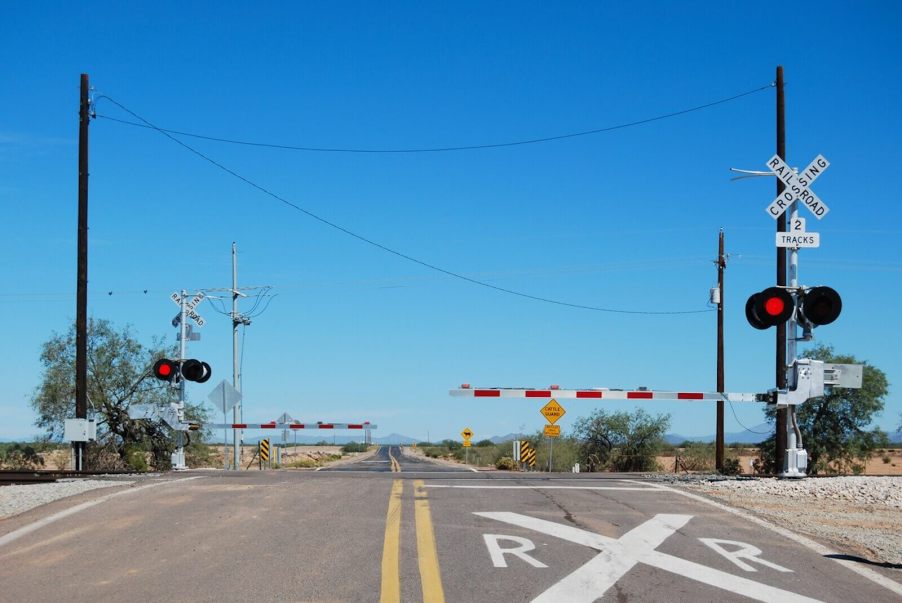 A railroad crossing like this can be dangerous not only for a truck, but for its trailer if drivers don't pay attention.