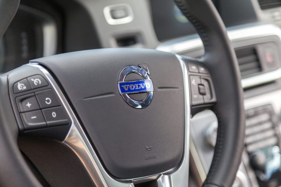 Steering wheel of a Volvo recalled for a backup camera software issue.