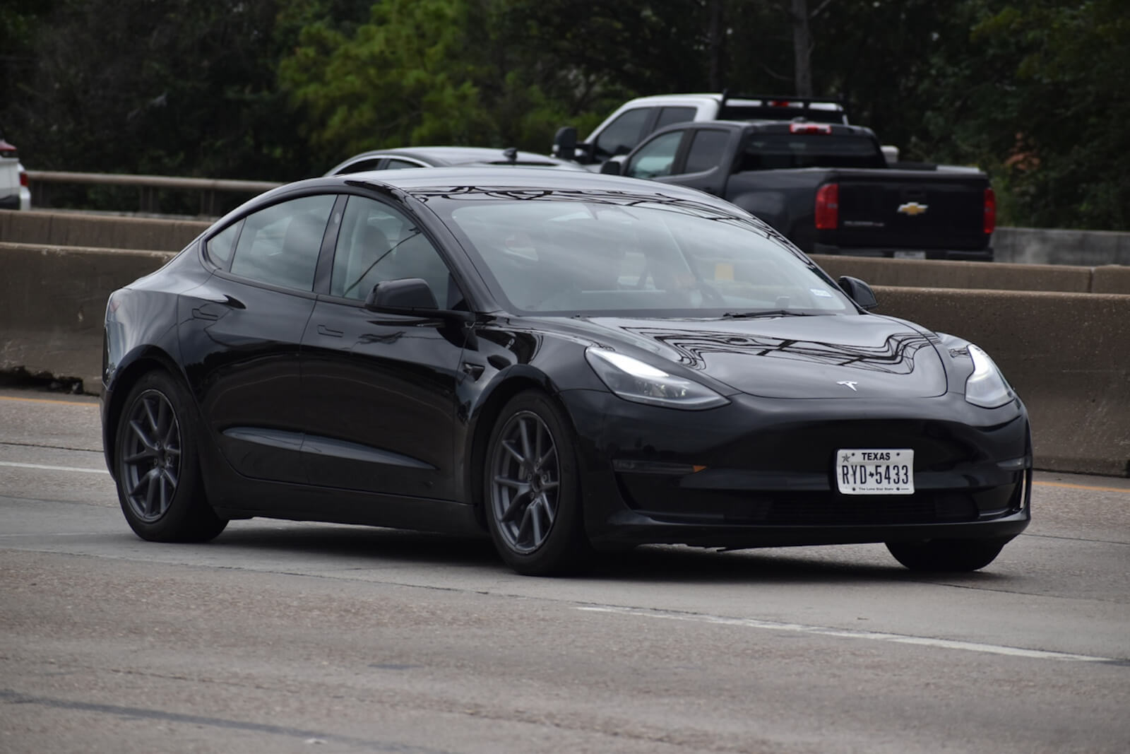 A gray Tesla Model 3 in Houston, Texas, like the one that hit a motorcyclist.