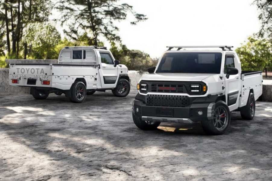 Two Toyota Hilux Champ trucks outside