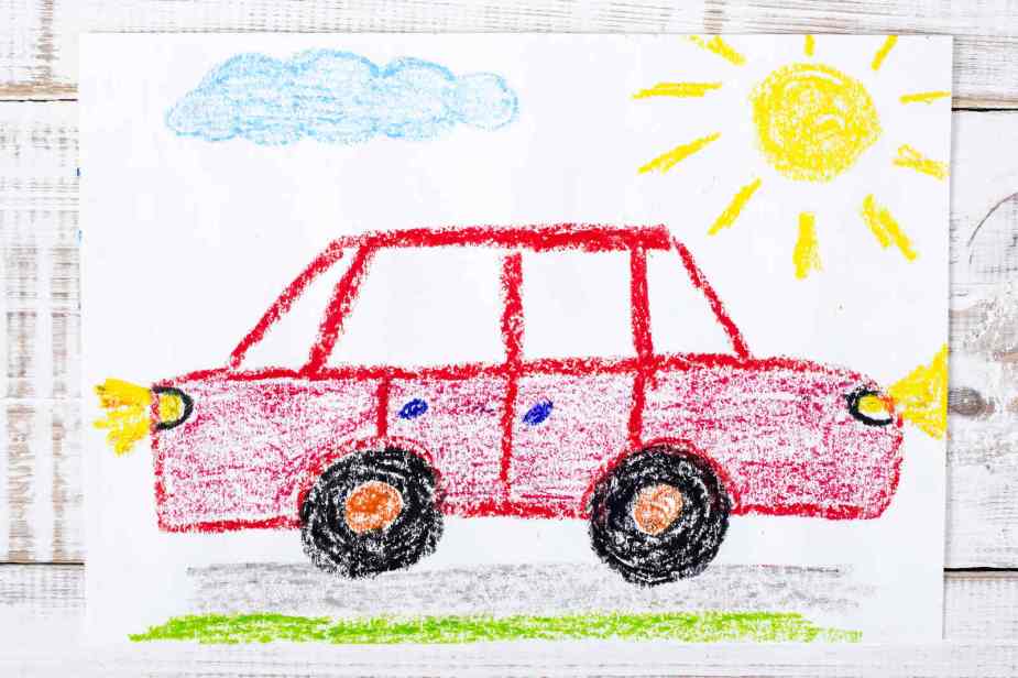 A Crayola crayon drawing of a car with a sun and puffy cloud above