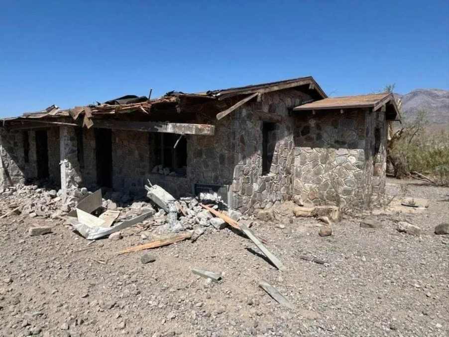 The historic Emigrant Ranger Station in Death Valley, shown damaged after a single-car wreck on May 20, 2025