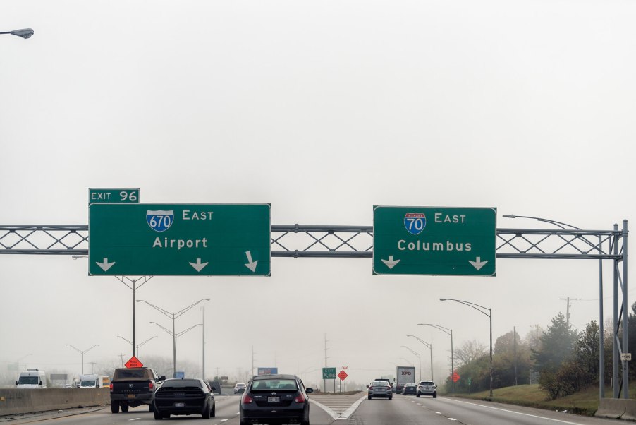 Driving on Ohio I-71 with 670 and 70 split signs posted above