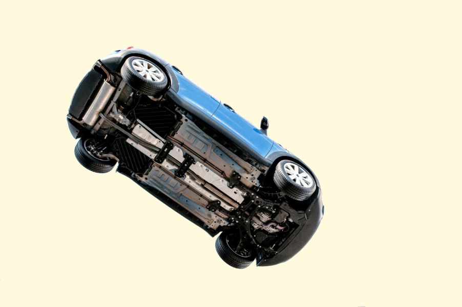 A car flying through the air after being launched airborne