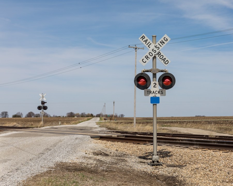 A railroad crossing without crossing arms